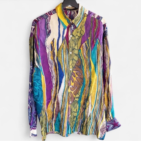 Vintage 90s COOGI Australia 100% Silk Abstract 3D Print Long Sleeve Button Down
